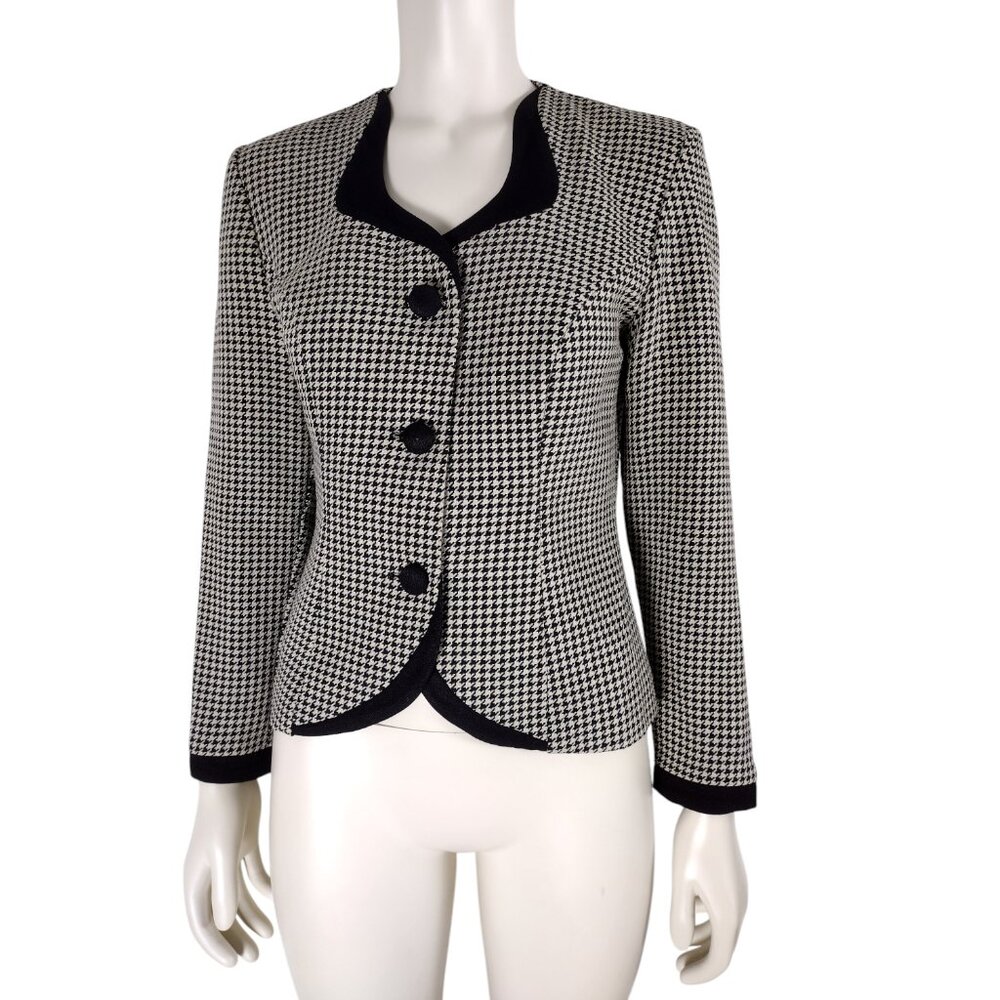 Vintage 1980s Black and Tan Houndstooth Tailored Button Down Jacket 4P - Picture 3 of 11